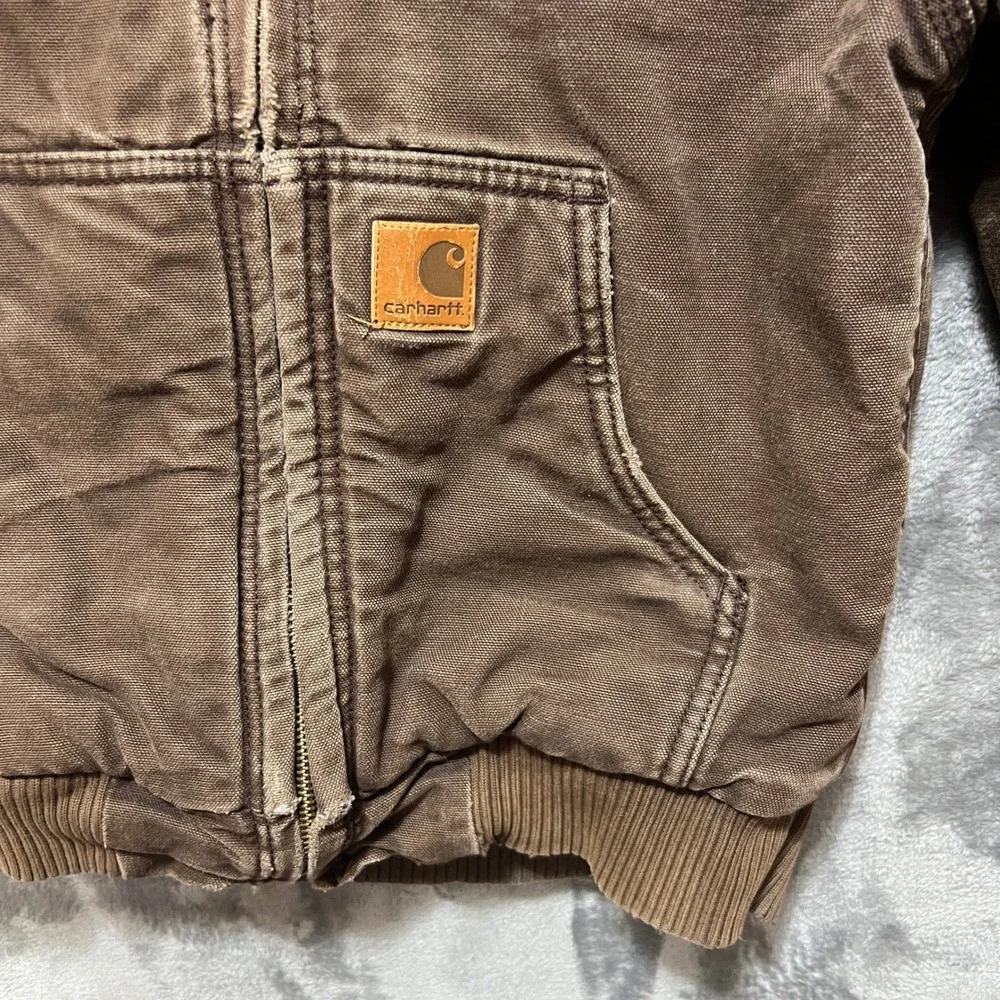 Carhartt Boys Small 8/10 Brown Canvas Hooded Utility Jacket Distressed Faded